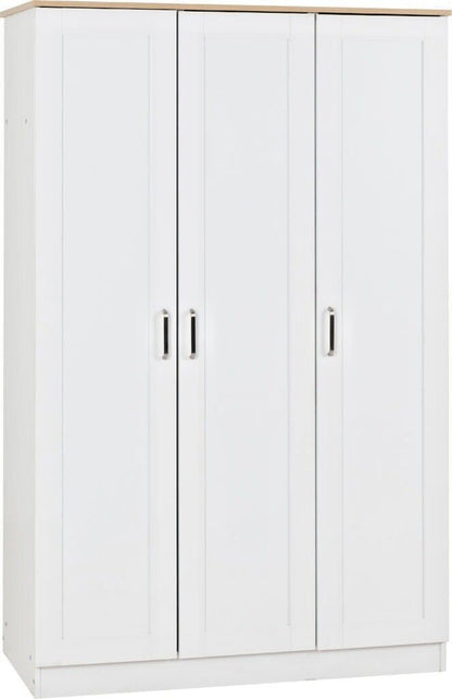 Portland 3 Door Wardrobe in White with Oak Effect Finish