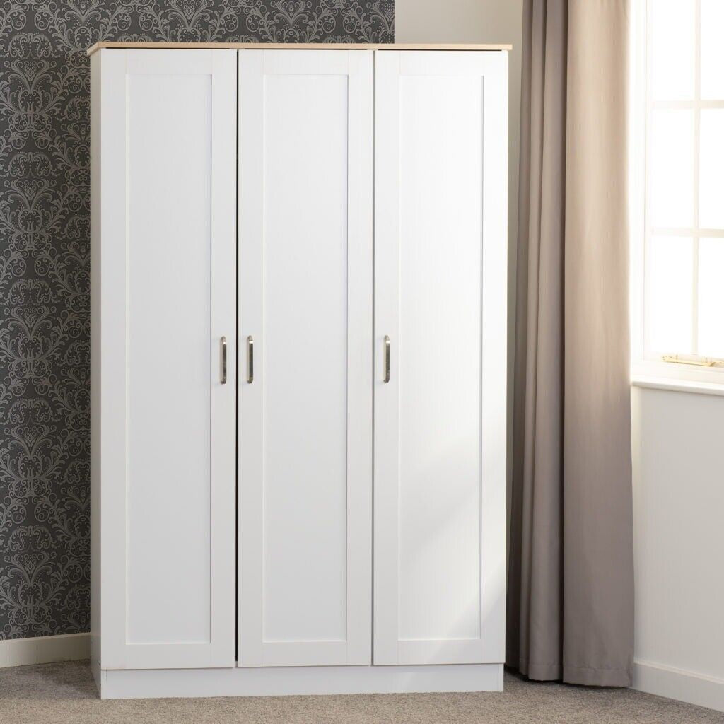 Portland 3 Door Wardrobe in White with Oak Effect Finish