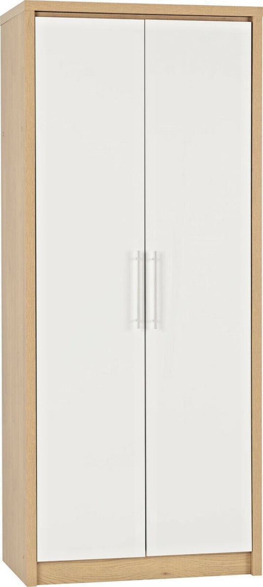 Seville 2 Door Wardrobe in White High Gloss Light Oak Effect Veneer Hanging Rail