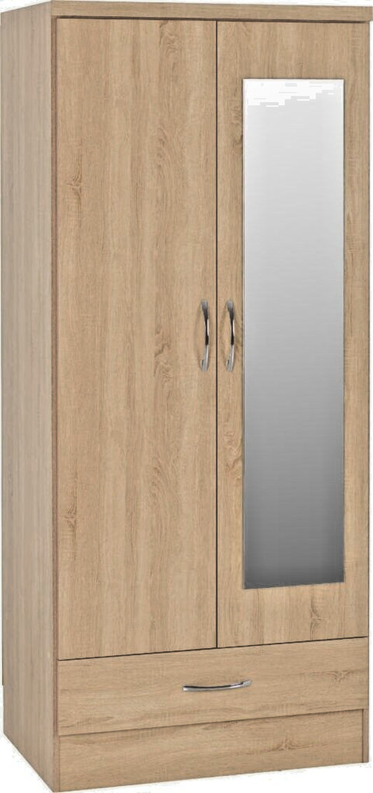 Nevada Mirrored Wardrobe 2 Door 1 Drawer Wardrobe Sonoma Oak Effect Hanging Rail