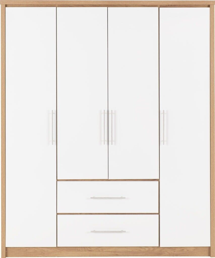 Seville 4 Door 2 Drawer Wardrobe White Gloss and Oak Effect Hanging Rail Shelves