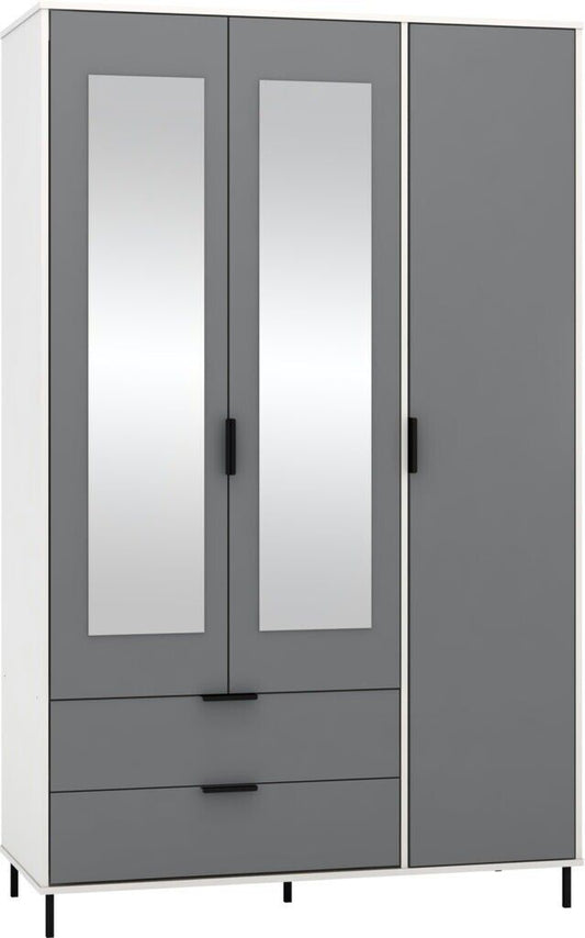 Stylish Madrid 3-Door Mirrored Wardrobe with 2 Drawers in Sleek Grey and White Gloss Finish