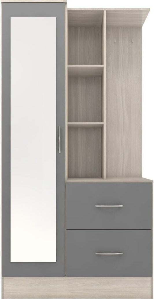 Nevada Mirrored Open Shelf Wardrobe Grey Gloss and Oak Finish