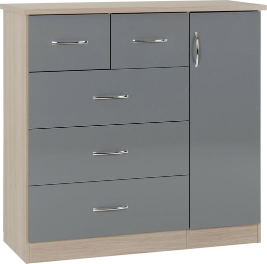 Nevada 5 Drawer 1 Door Low Wardrobe Grey Gloss and Light Oak Effect Veneer