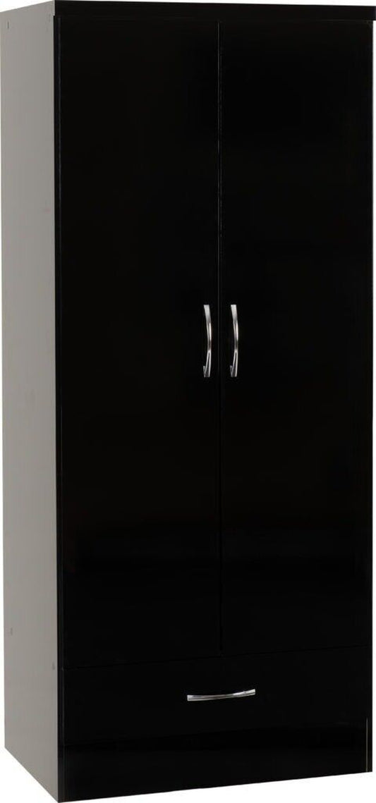 Sleek Nevada Black Gloss 2-Door Wardrobe with Drawer & Hanging Rail Storage