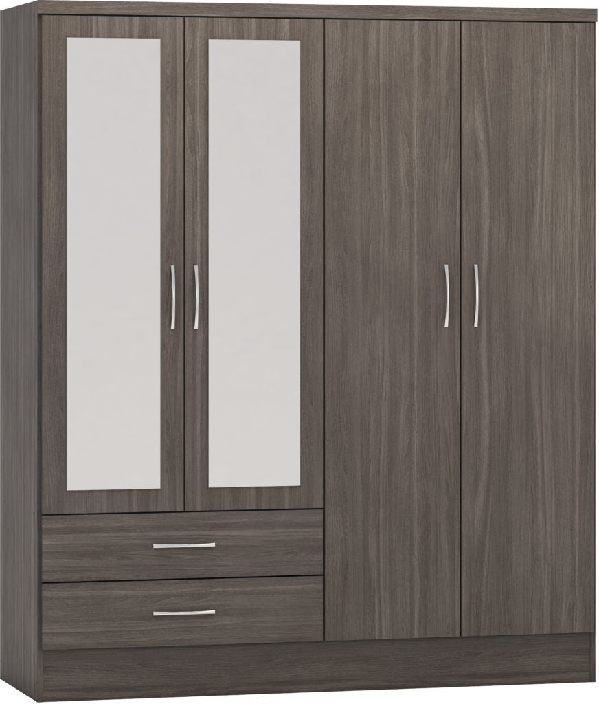 Sleek Black Wood Grain Nevada 4-Door Mirrored Wardrobe with 2 Drawers and Hanging Rail