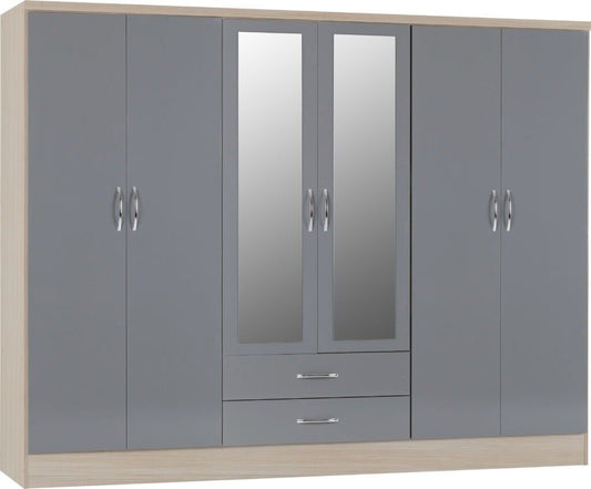 Nevada 6 Door 2 Drawer Mirrored Wardrobe in Grey Gloss and Oak Effect Finish