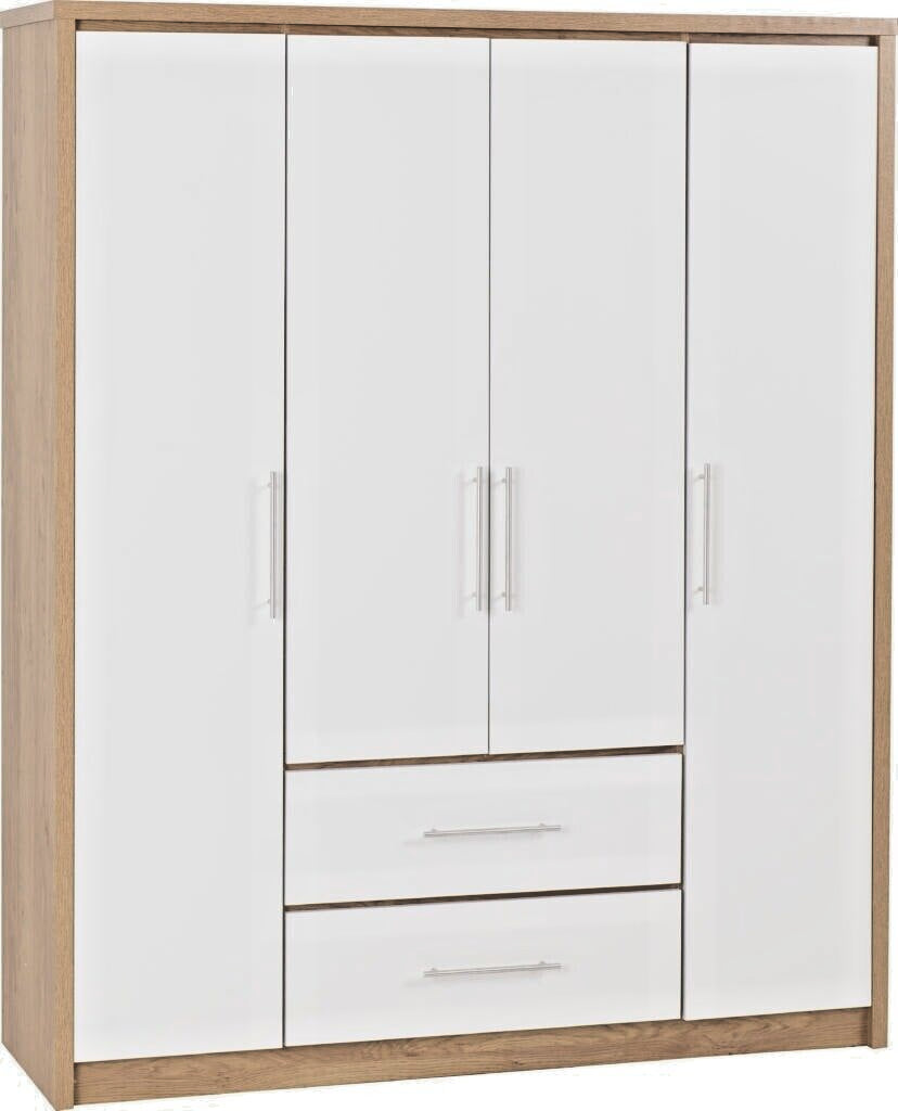 Seville 4 Door 2 Drawer Wardrobe White Gloss and Oak Effect Hanging Rail Shelves