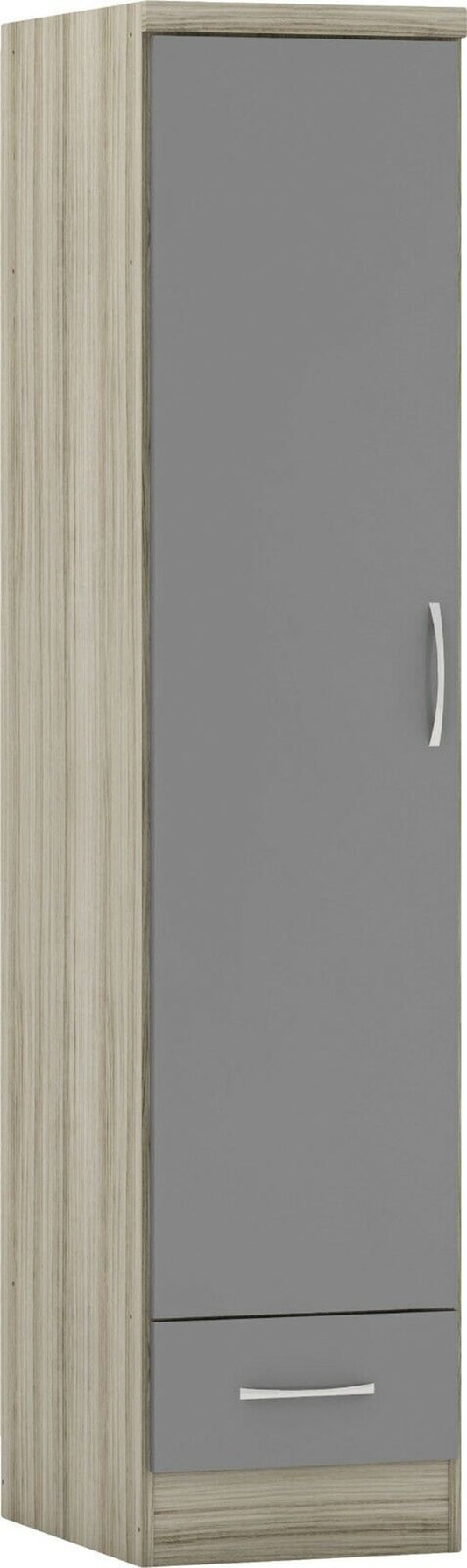 Nevada 1 Door 1 Drawer Wardrobe Grey Gloss and Oak Effect Hanging Rail