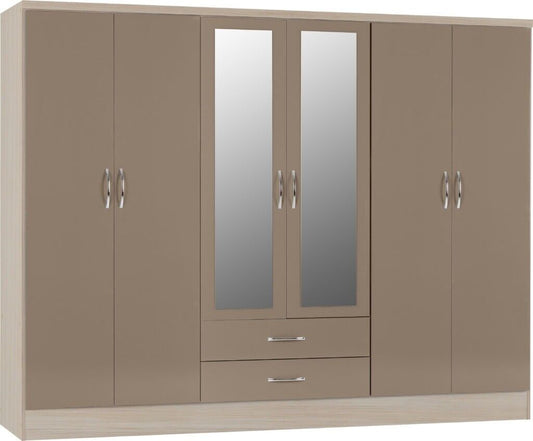 Stunning Nevada 6-Door Mirrored Wardrobe with 2 Drawers in Elegant Oyster Gloss and Oak Finish