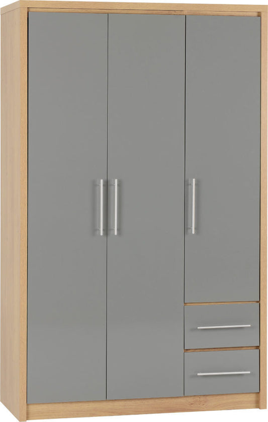 Seville 3 Door 2 Drawer Wardrobe Grey Gloss and Oak Effect Hanging Rail Shelves