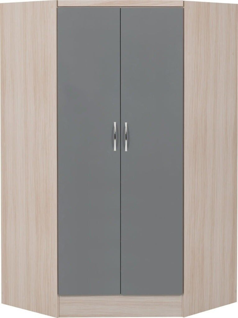 Nevada 2 Door Corner Wardrobe in Grey Gloss and Oak Effect Finish