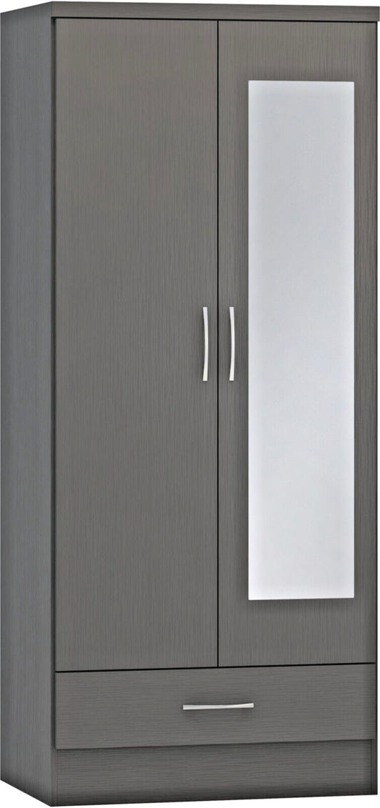 Nevada Mirrored 2 Door 1 Drawer Wardrobe in 3D Effect Grey Finish