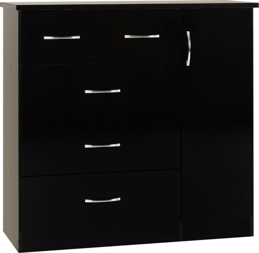 Nevada 5 Drawer 1 Door Low Wardrobe in Black Gloss Finish Metal Runners Handles