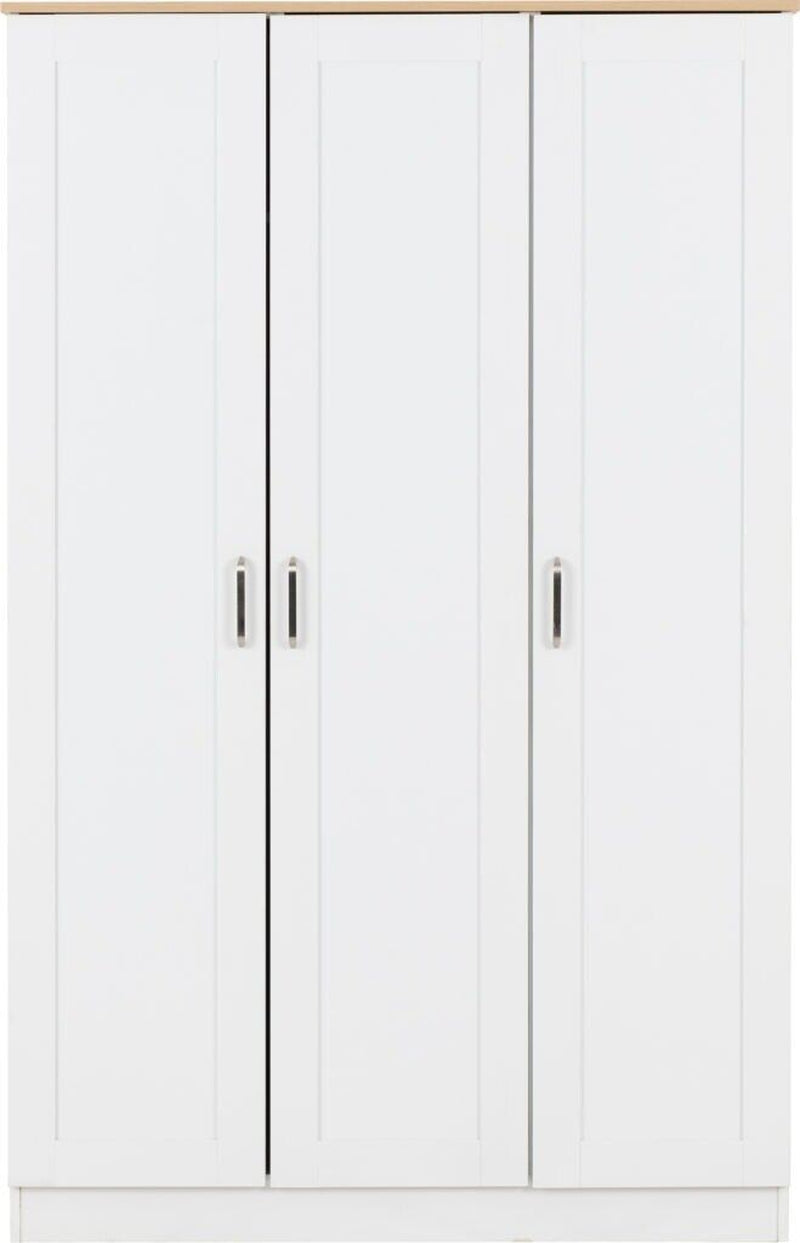 Portland 3 Door Wardrobe in White with Oak Effect Finish