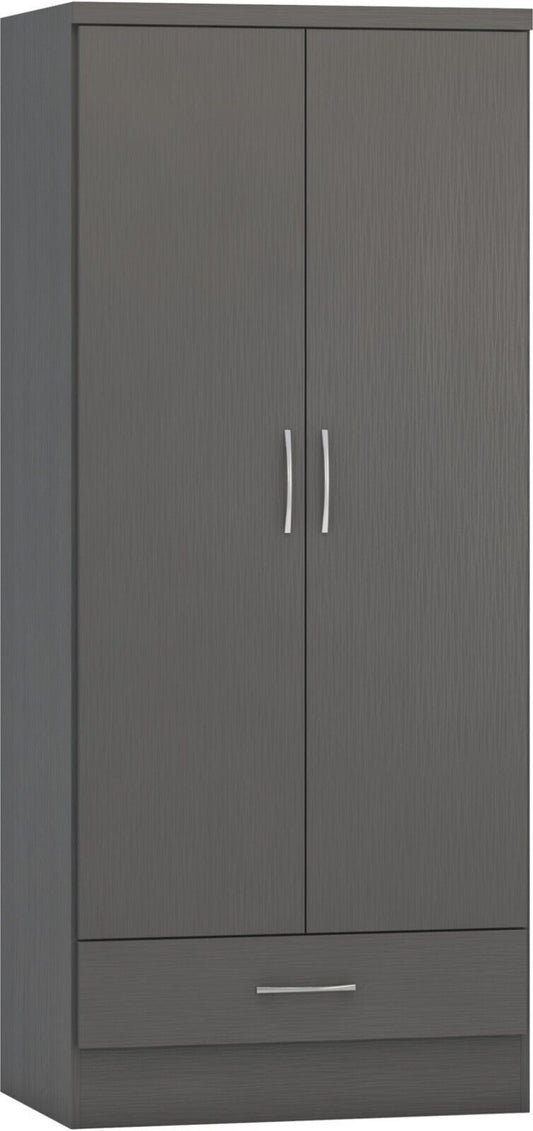 Nevada 2 Door 1 Drawer Wardrobe in 3D Effect Grey Hanging Rail Storage