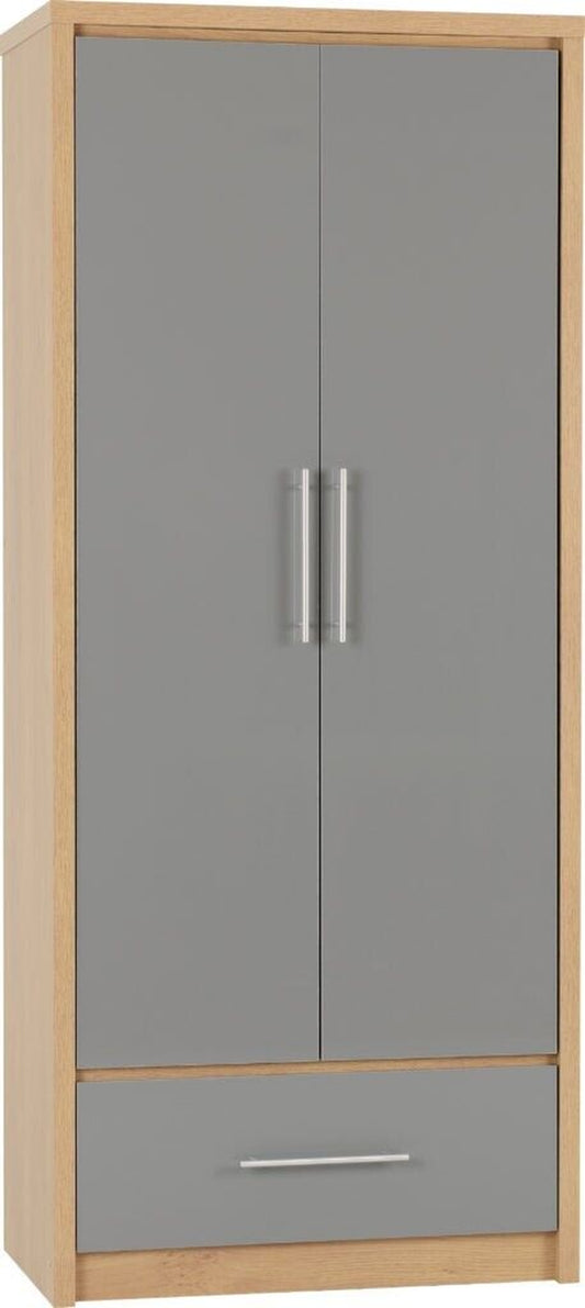 Seville 2 Door 1 Drawer Wardrobe Grey Gloss Oak Effect Veneer Hanging Rail