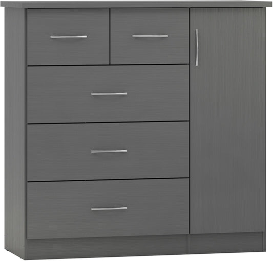 Nevada 5 Drawer 1 Door Low Wardrobe 3D Grey Effect Metal Runners Handles