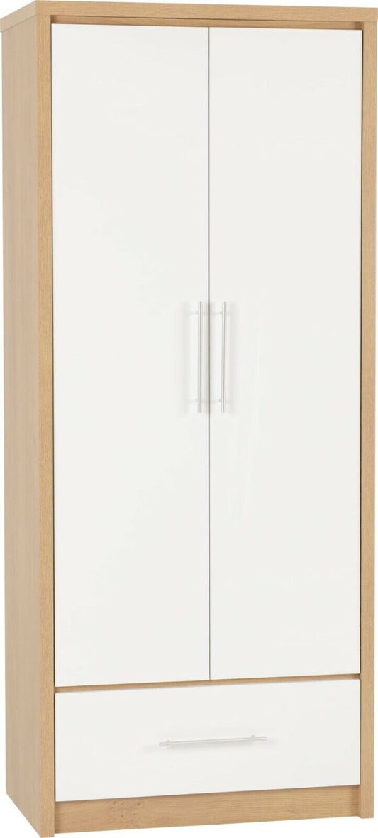 Seville 2 Door 1 Drawer Wardrobe White Gloss Oak Effect Veneer Hanging Rail