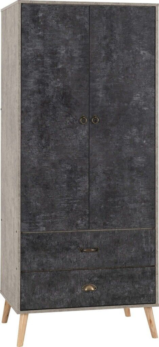 Nordic 2 Door 2 Drawer Wardrobe Grey and Charcoal Concrete Finish Hanging Rail